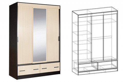Шкаф-купе 3-х створчатый с ящиками 1500 с 1 зеркал. Светлана (ММ) 150 см