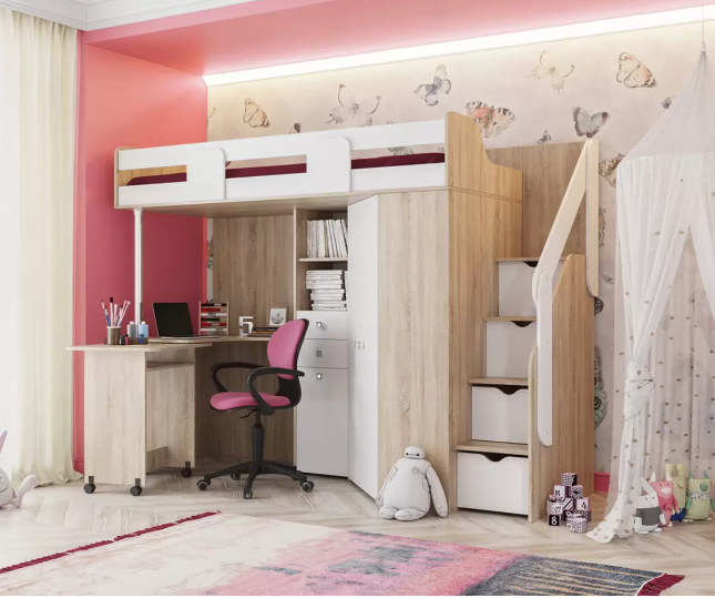 Кровать-чердак Мийа А (Дуб молочный, Дуб сонома светлый)