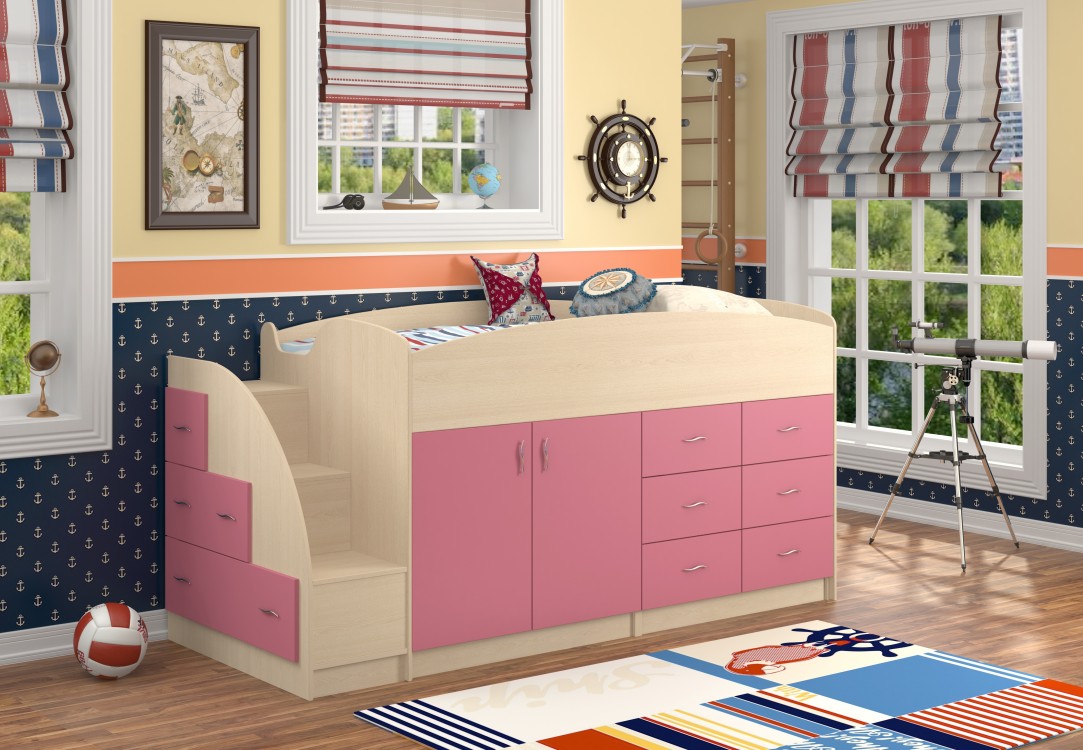 Детская кровать-чердак низкая "Дюймовочка-4" дуб/розовый