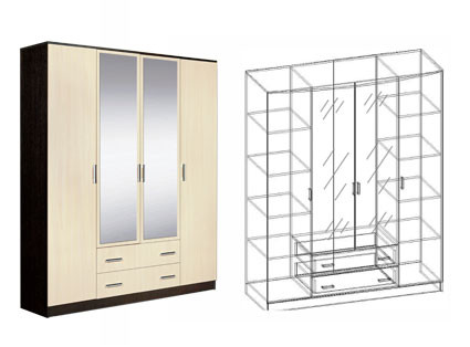 Шкаф распашной 4-х створчатый комбинированный с зеркалами Светлана (ММ) 168 см