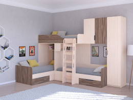 Трехместная кровать ТРИО/2 Дуб молочный/Белый