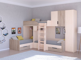 Трехместная кровать ТРИО/2 Дуб молочный/Белый