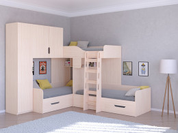 Трехместная кровать ТРИО/1 Дуб молочный/Белый