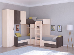 Трехместная кровать ТРИО/1 Дуб молочный/Белый