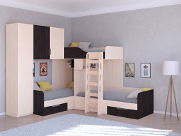 Трехместная кровать ТРИО/1 Дуб молочный/Белый