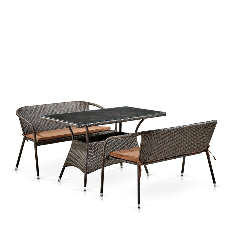 Обеденный комплект плетеной мебели с диванами T198D/S139B-W53 Brown Обеденный комплект плетеной мебели с диванами T198D/S139B-W53 Brown