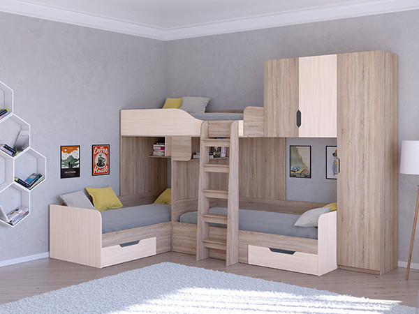 Трехместная кровать ТРИО/2 Сонома/Белый