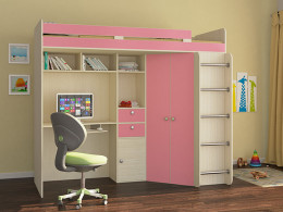 Кровать чердак Астра Дуб молочный/Розовый